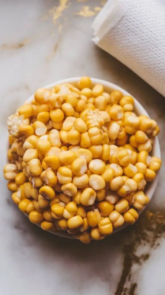 yellow corn kernels freshly cut from the cob on a small white plate, some kernels slightly glossy from steaming, paper towel off to the side