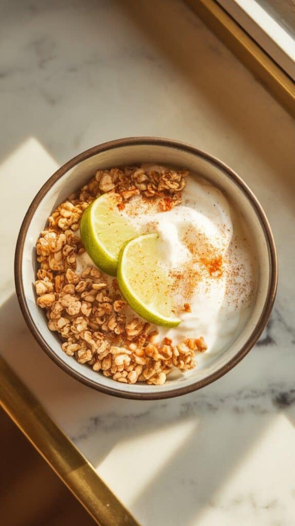 puffed rice and granola being sprinkled onto the yogurt bowl, with tiny specks of lime zest and chili powder adding color