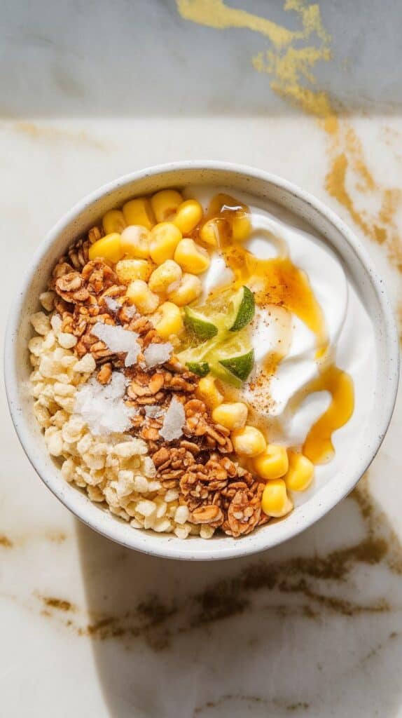 finished sweet corn yogurt bowl with creamy Greek yogurt, sweet corn kernels, golden honey drizzle, flaky salt, puffed rice, and granola