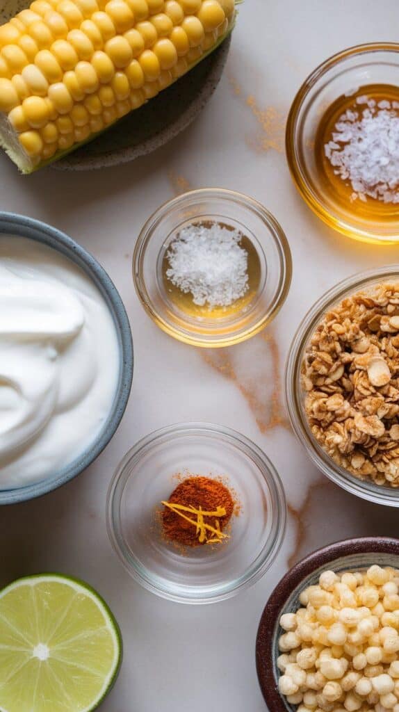 sweet corn yogurt bowl ingredients: fresh corn kernels cut from the cob on a small plate, thick Greek yogurt in a shallow dish, golden honey drizzled onto a glass plate, flaky sea salt in a tiny clear jar, granola in a small plate, puffed rice in a clear jar, and a pinch of chili powder and lime zest on a small ceramic dish