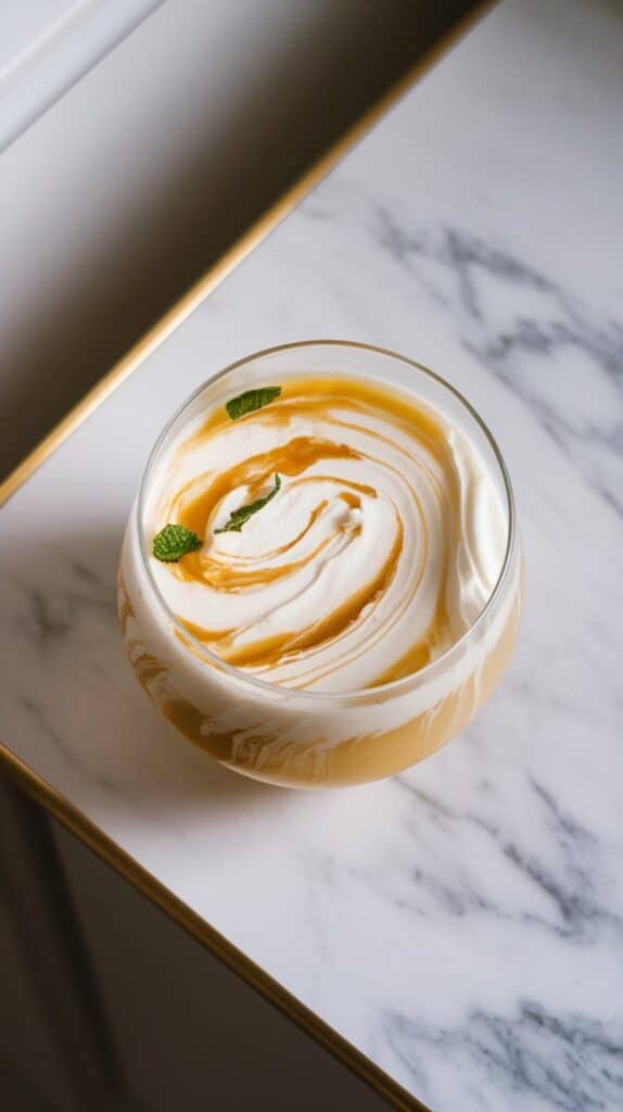 thick coconut cream and golden pineapple juice swirling together over muddled mint in a glass, creamy streaks forming