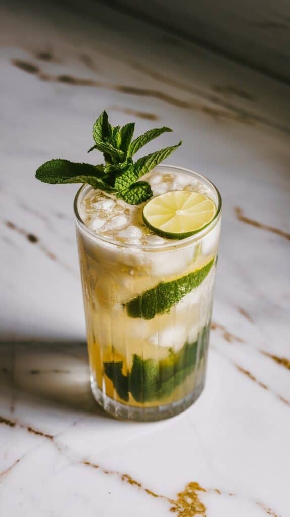 finished tropical mojito dirty soda in a tall clear glass, topped with fresh mint and a lime slice, creamy and bubbly with mint visible at the bottom