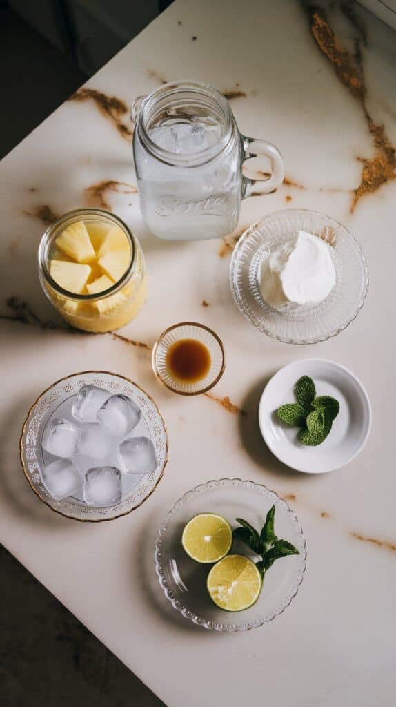 1 cup Sprite in a clear glass jar, ¼ cup pineapple juice in a small glass jar, 1½ tablespoons coconut cream on a small glass plate, 1 tablespoon fresh lime juice on a tiny clear plate, 1 teaspoon maple syrup on a small plate, 4–5 fresh mint leaves on a small white plate, a few clear ice cubes on a small glass plate, and a lime slice with a mint sprig on a tiny clear plate