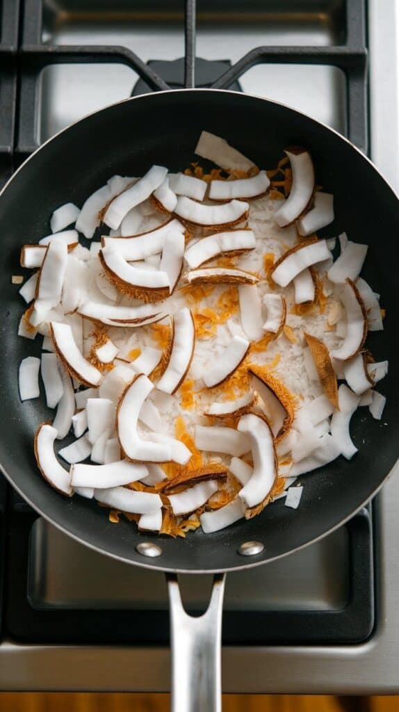 shredded coconut toasting in a dry pan, turning golden brown with lightly curled edges, some bits still white
