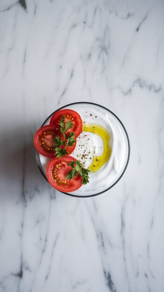 golden olive oil being drizzled over yogurt and tomatoes, with fine specks of cracked pepper and bright green parsley on top