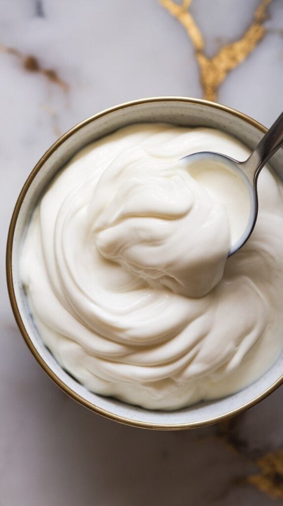 creamy Greek yogurt being spooned and swirled into a bowl, with visible ridges and smooth curves across the surface