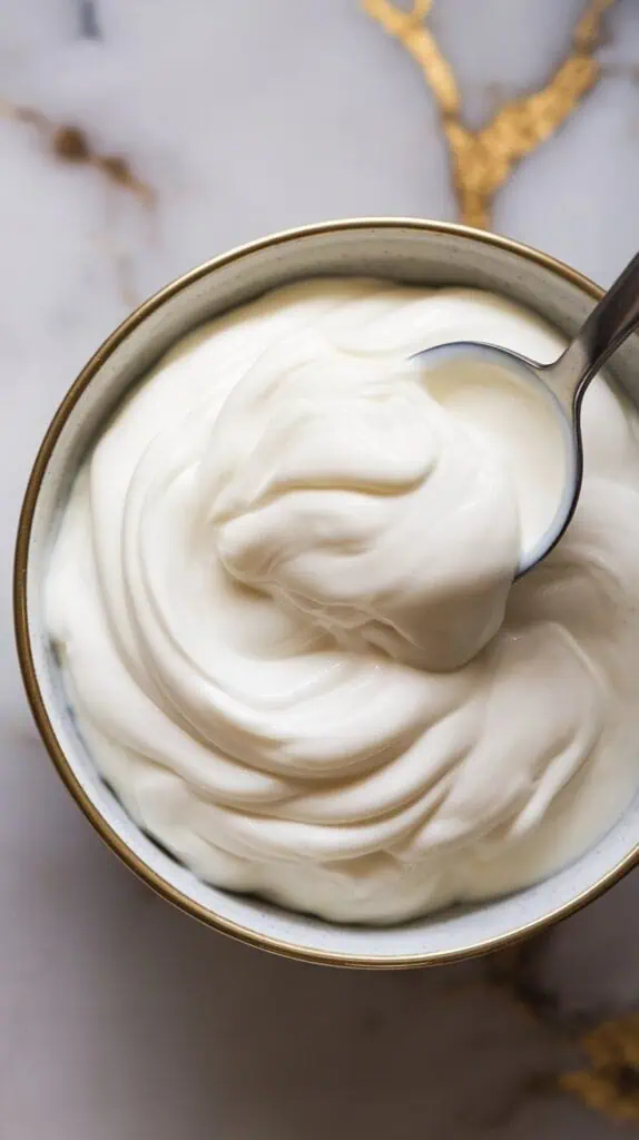 creamy Greek yogurt being spooned and swirled into a bowl, with visible ridges and smooth curves across the surface