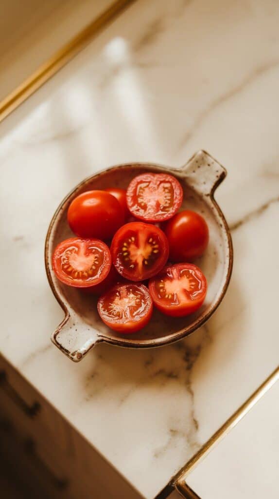  halved cherry tomatoes arranged on a small ceramic dish, juicy insides glistening and seeds visible