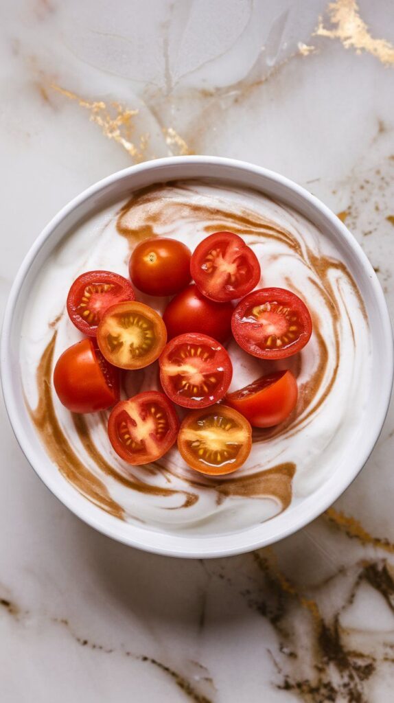 juicy cherry tomato halves being arranged on a bed of swirled yogurt, with red and orange tones shining through