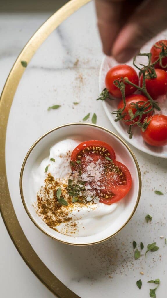 za’atar seasoning and flaky salt being sprinkled over yogurt and tomatoes, with green herbs and sesame seeds visible across the surface