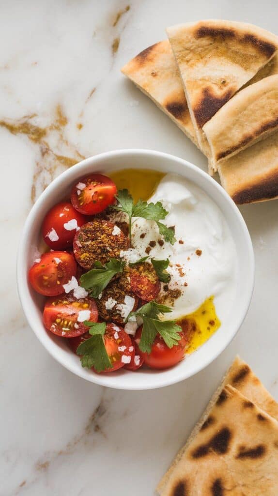 a finished za’atar tomato yogurt bowl with creamy yogurt, halved cherry tomatoes, olive oil, za’atar, sea salt, and fresh parsley