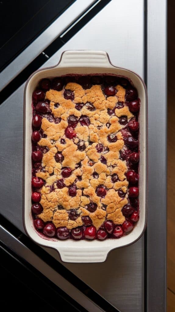 cherry cornmeal crisp baking in a ceramic dish, topping turning golden and cherry filling bubbling slightly at the edges,
