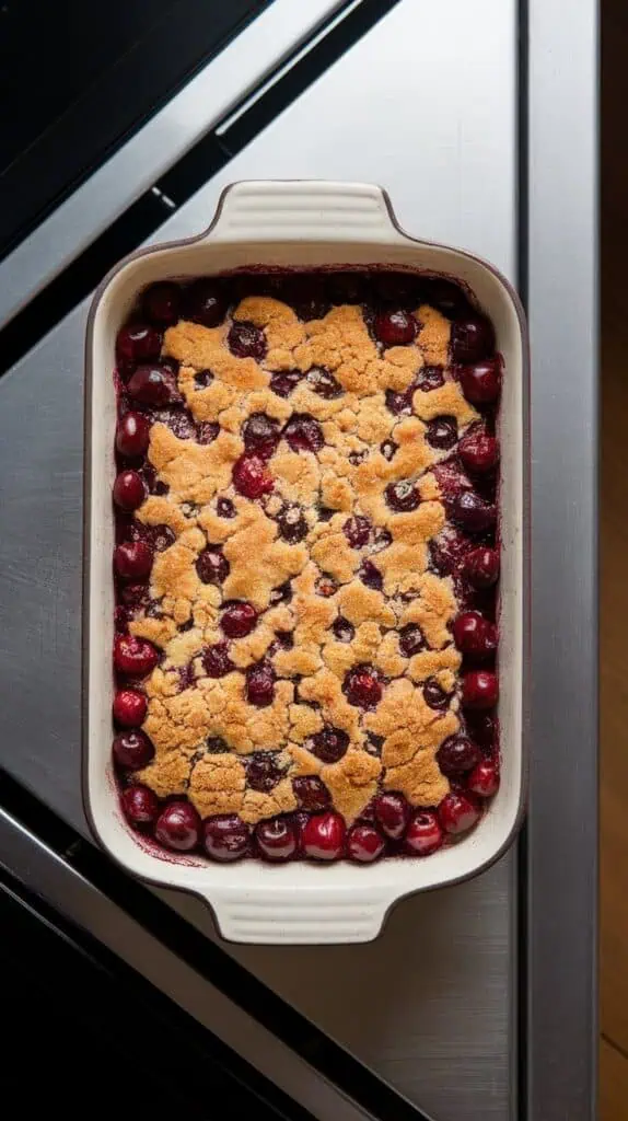 cherry cornmeal crisp baking in a ceramic dish, topping turning golden and cherry filling bubbling slightly at the edges,