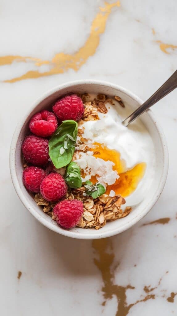 Raspberry Basil Yogurt Bowl