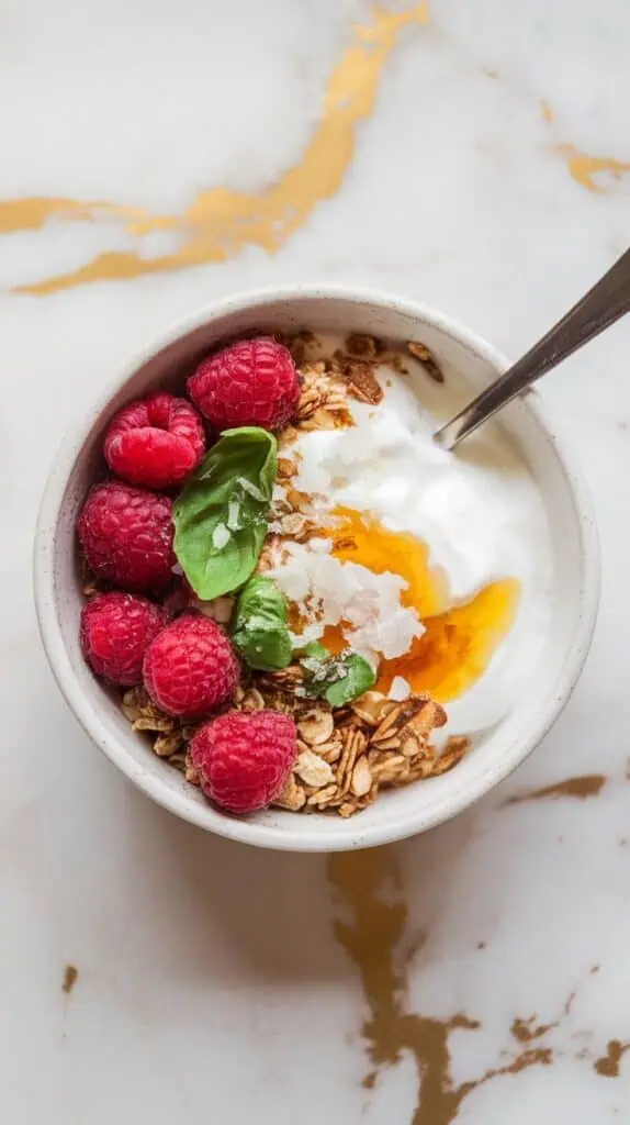 Raspberry Basil Yogurt Bowl