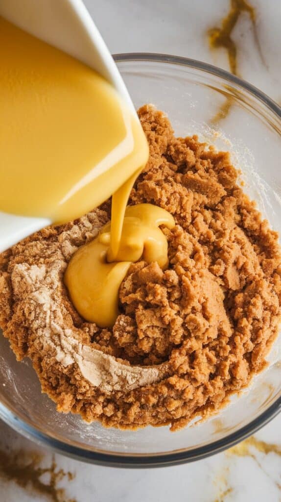 golden brown butter and vanilla being poured into flour and brown sugar mixture, dough forming into coarse, buttery crumbles as it’s mixed