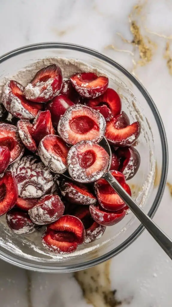 halved fresh cherries in a bowl, lightly coated with flour using a spoon, flour evenly sticking to fruit, ready to be folded into batter, on white marble counters with hints of gold