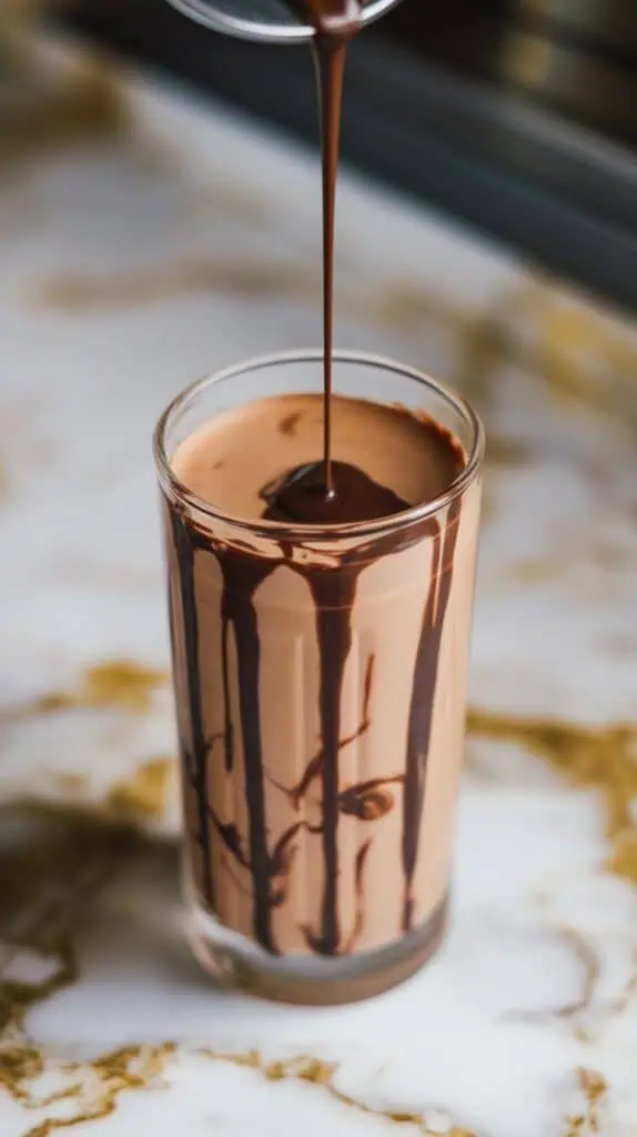 a tall glass being drizzled inside with thick chocolate syrup, the syrup slowly dripping down the sides in dark swirls