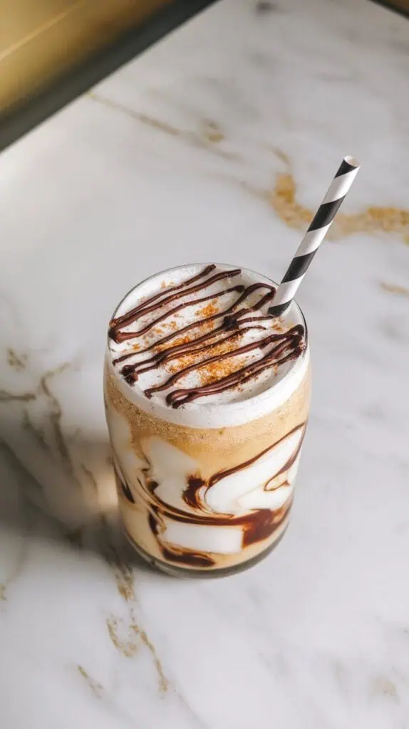 the completed Almond Joy Dirty Soda with creamy coconut swirls, chocolate drizzle, and fizzy root beer, topped with a striped straw