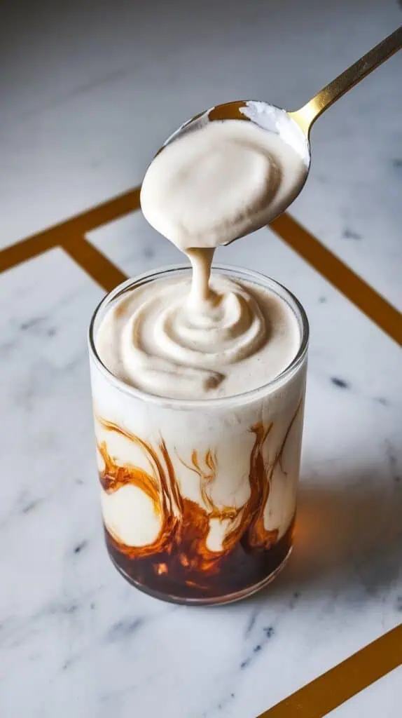 thick coconut cream being spooned onto the surface of the root beer mixture, forming creamy swirls and layers in the glass