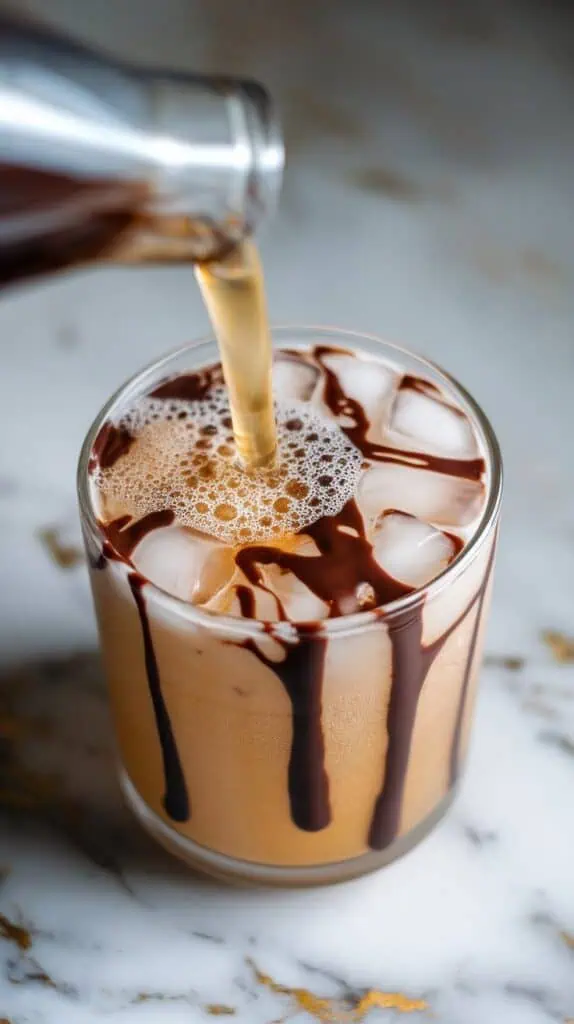 chilled root beer being poured into the ice-filled, chocolate-drizzled glass, showing fizzy bubbles rising and mixing with the chocolate swirls