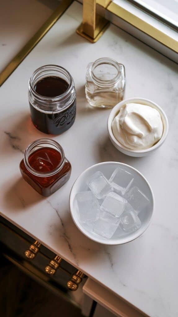 a 12 oz glass bottle of root beer, an open bottle of almond syrup, a small bowl of thick coconut cream, a squeeze bottle of chocolate syrup, and a bowl of ice cubes, all arranged neatly on white marble counters with hints of gold