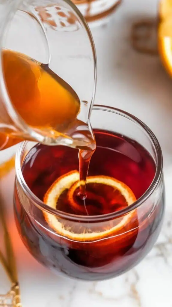 clear orange liqueur being poured from a glass jar into the sangria mixture, adding a light, shiny swirl to the deep red liquid