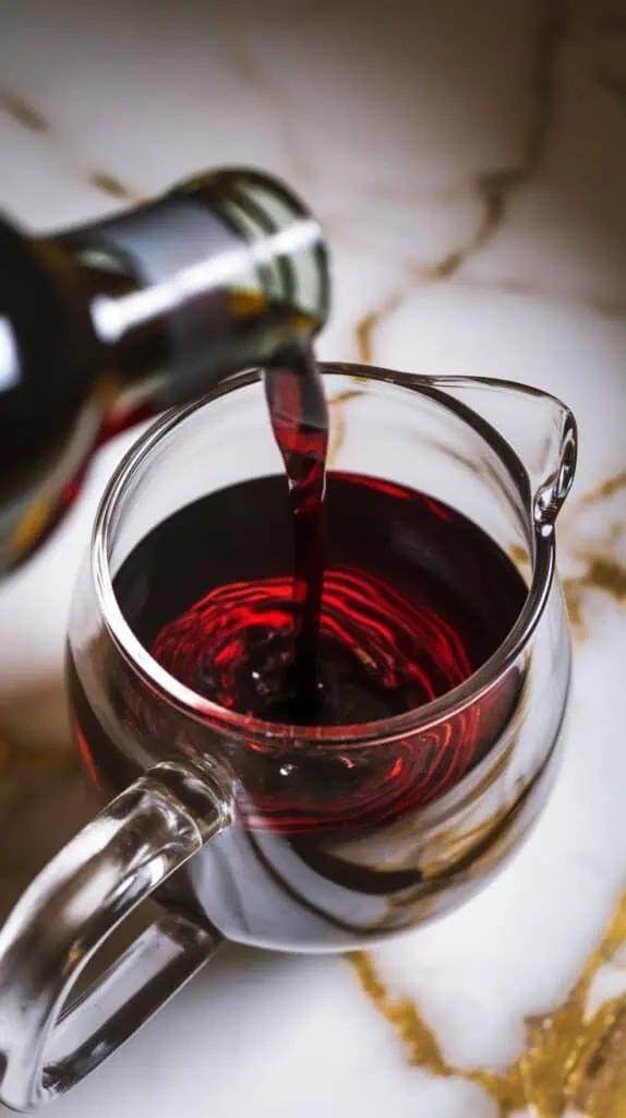 dark red wine being poured from a glass bottle into a large clear pitcher, the wine forming rich ripples inside