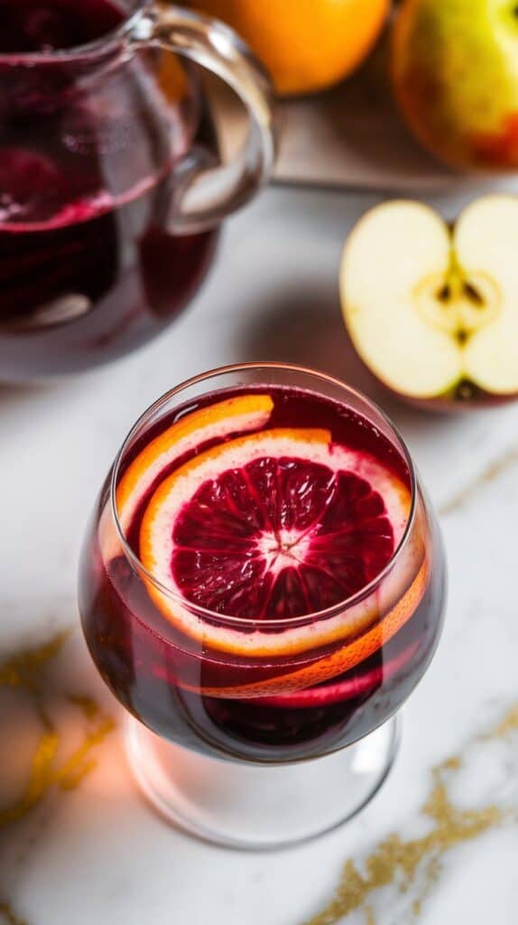 a glass of blood beet sangria with floating orange and apple slices, deep crimson color filling the glass, pitcher and fresh fruit in the background