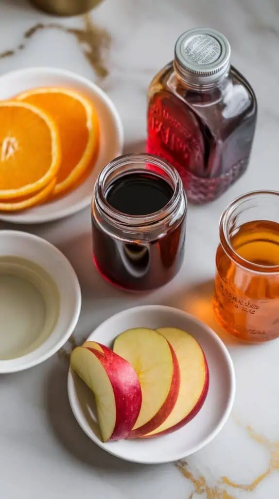  a small glass bottle filled with dark red wine, a small glass jar of deep red beet juice, a small glass jar of amber brandy, a small glass jar of clear orange liqueur, a white plate with thin orange slices and cored apple slices, and a small white dish of simple syrup
