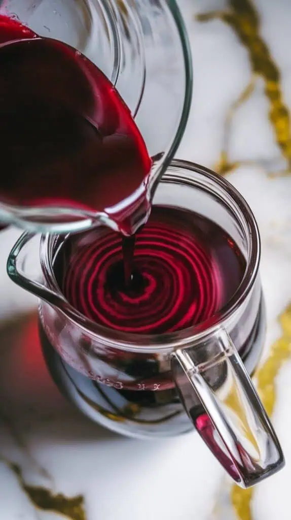 deep red beet juice being poured from a glass jar into the pitcher of red wine, creating deep crimson swirls