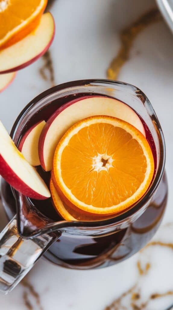 thin orange slices and cored apple slices being dropped into the pitcher of dark sangria, the fruit floating on the surface