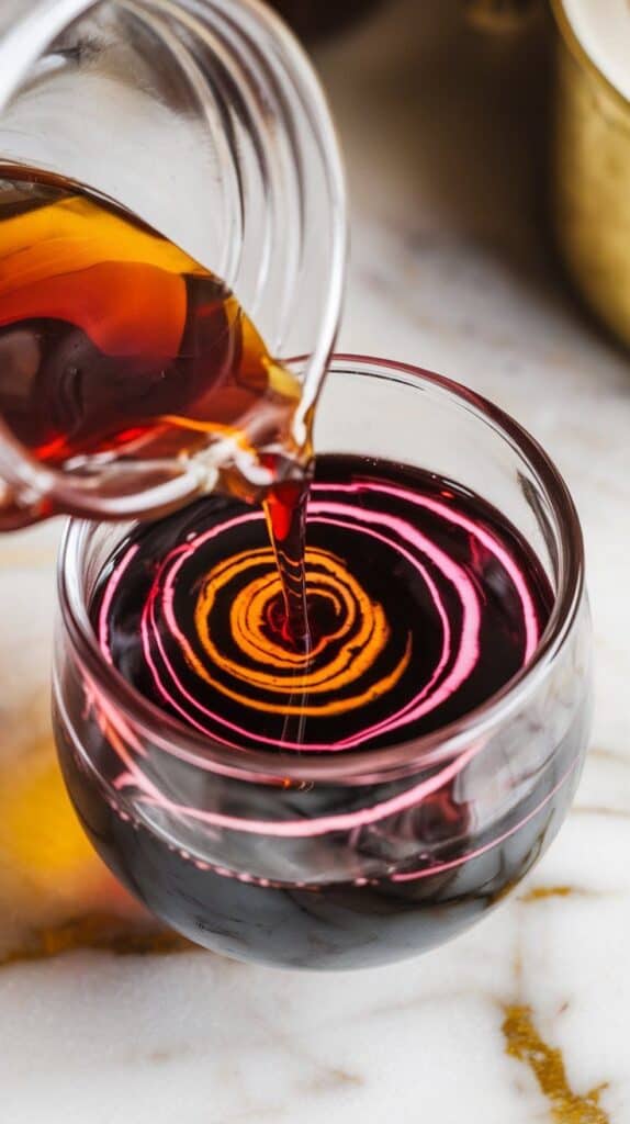 amber brandy being poured from a small glass jar into the dark wine and beet juice mixture, creating rich golden swirls