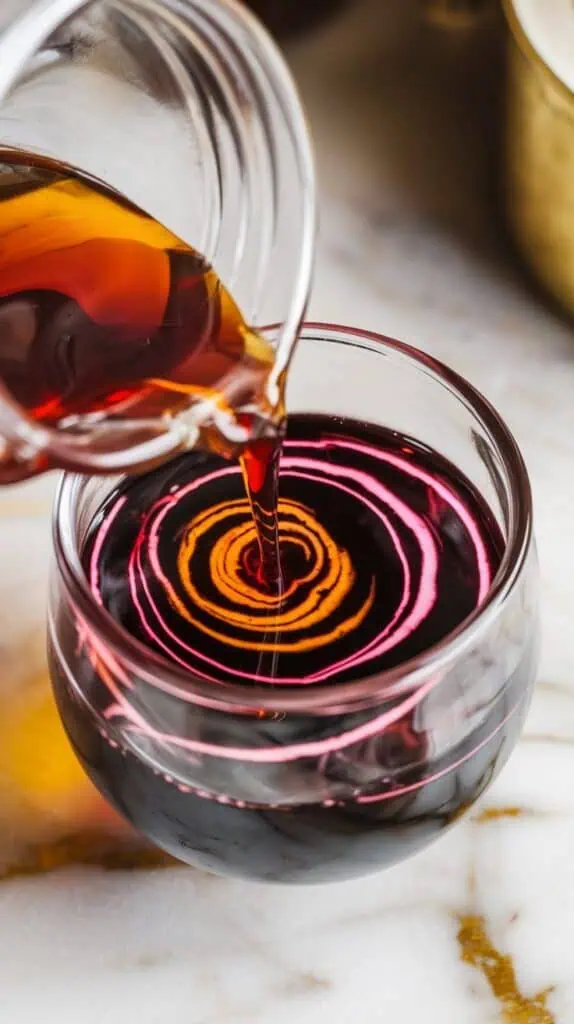 amber brandy being poured from a small glass jar into the dark wine and beet juice mixture, creating rich golden swirls