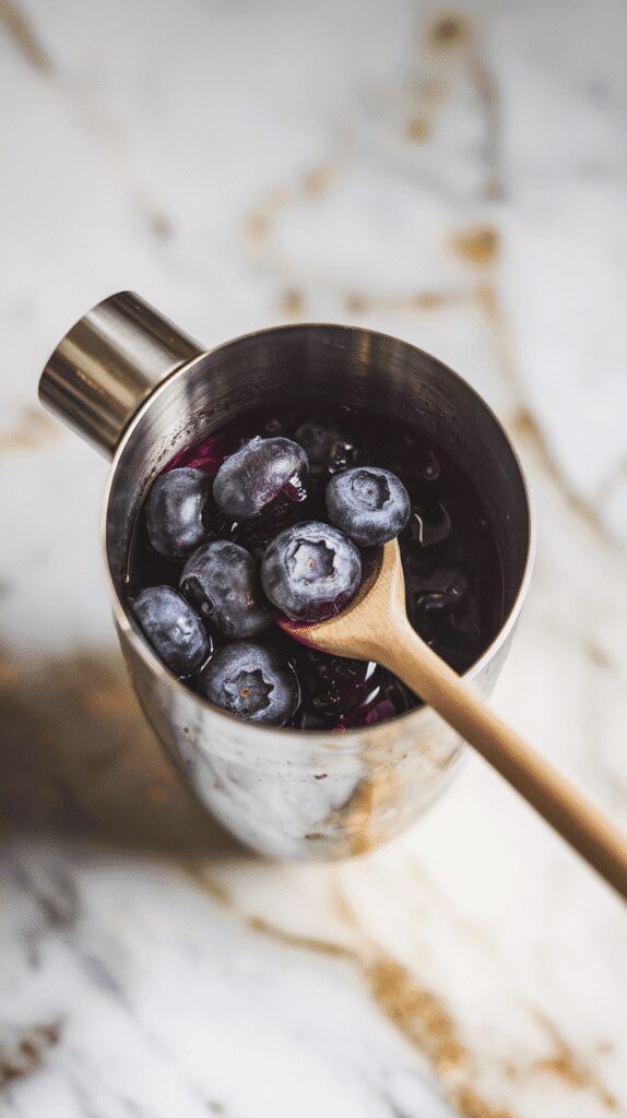 a cocktail shaker with fresh blueberries being gently muddled with a wooden spoon, dark purple juice forming at the bottom