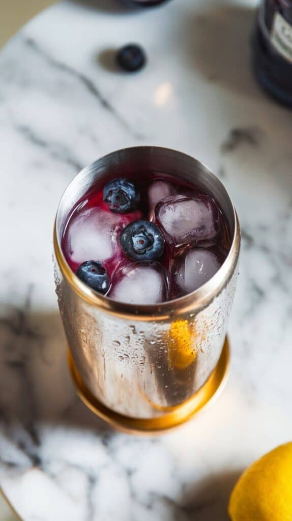  a cocktail shaker filled with muddled blueberry mixture and clear ice cubes, just before shaking, condensation forming on the outside