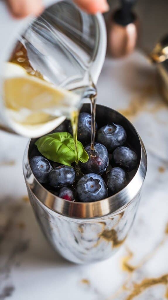 muddled blueberries in a shaker with basil syrup, fresh-squeezed lemon juice, and clear vodka being added in one by one, all ingredients slightly mixing