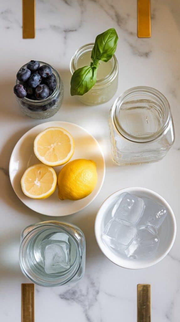 a small glass jar filled with fresh blueberries, a small glass jar with pale green basil syrup, a small white plate with fresh lemon halves and one half squeezed, a small glass jar filled with clear vodka, a small white bowl of clear ice cubes, and a small glass jar with fizzy soda water, all arranged neatly