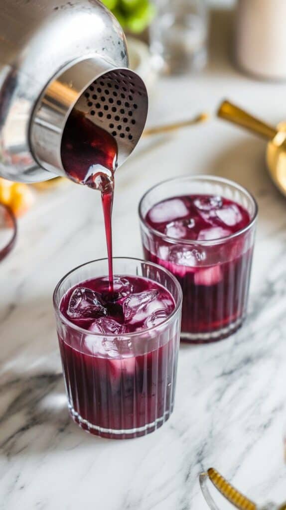 the deep purple punch being strained from a shaker into a clear glass over fresh clear ice, juice dripping in mid-pour