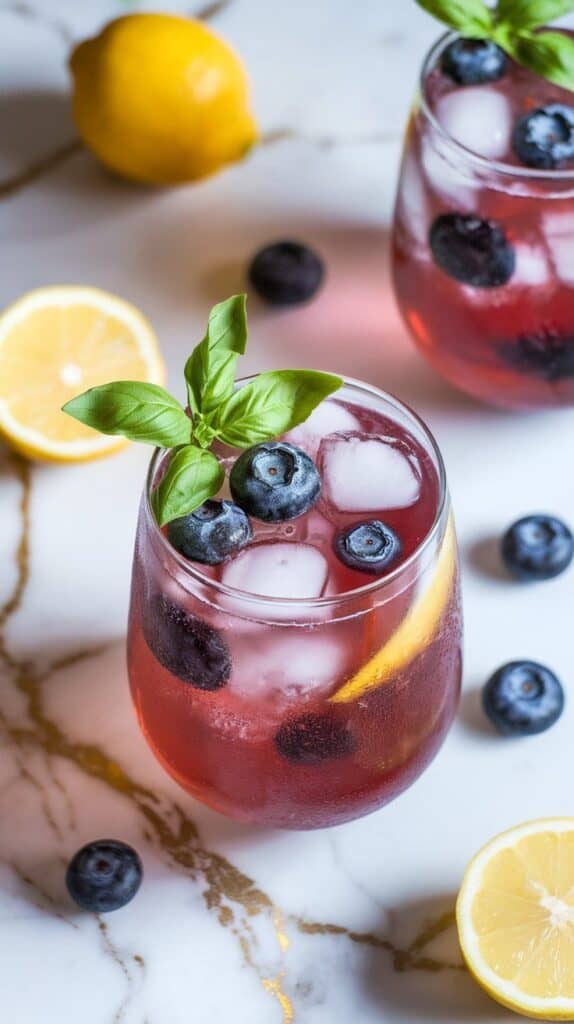 a finished blueberry basil moon punch in a clear glass with clear ice cubes, topped with fizzy soda and garnished with fresh basil, with extra blueberries and lemon halves in the background