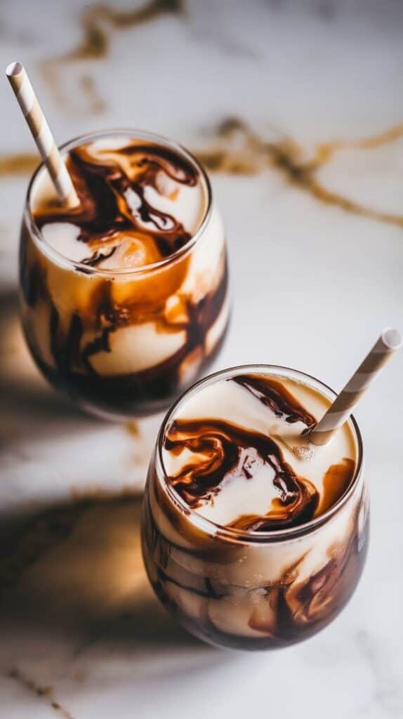 two glasses of campfire cola dirty soda, fully assembled with visible swirls of chocolate, cream, and dark soda, topped with paper straws