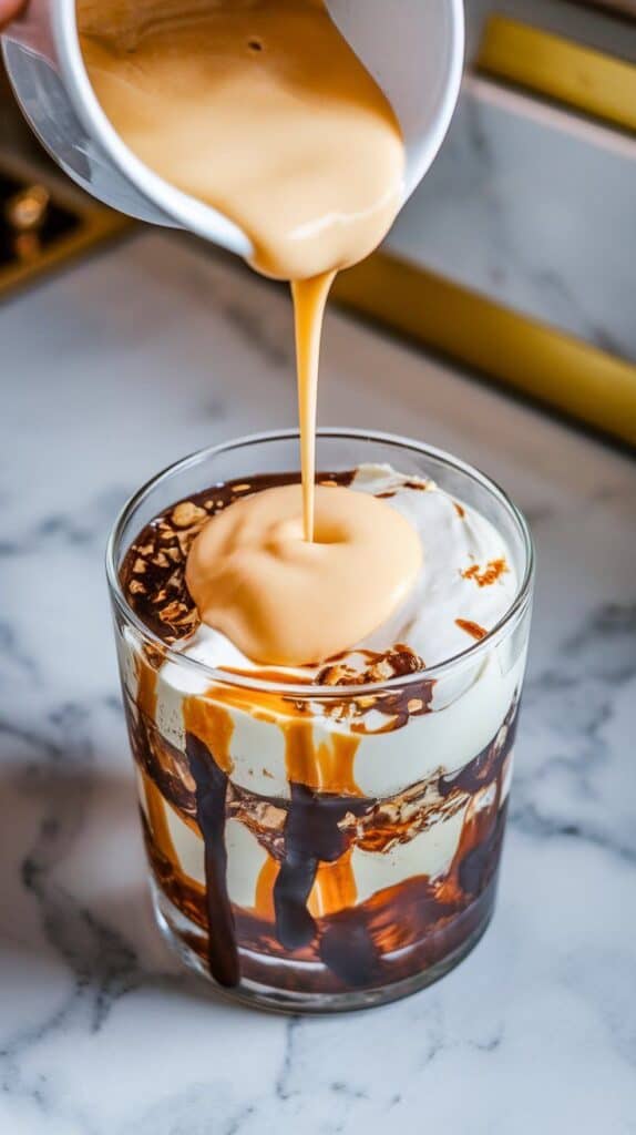 thick sweet cream being poured slowly into the glass, swirling through the fizzy Coke, chocolate, and syrup layers