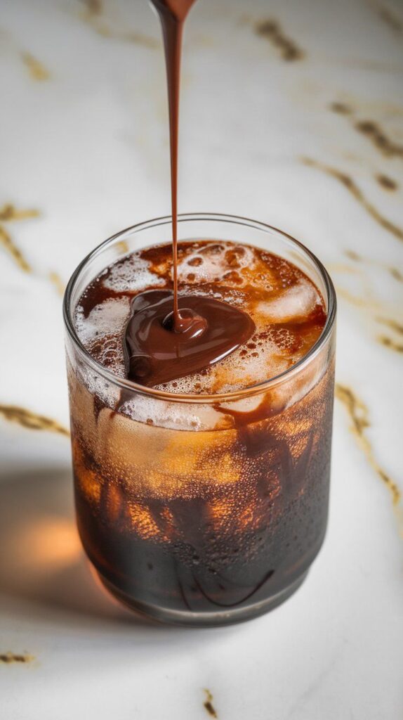 rich chocolate syrup being drizzled into fizzy soda, lightly swirling through the dark cola