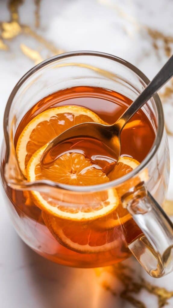 golden bourbon, charred orange juice, lemon juice, and thick maple syrup being stirred together with a spoon in a clear pitcher, ingredients forming golden ripples