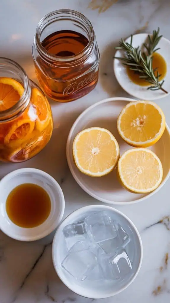 a small glass jar filled with bourbon, a small glass jar of fresh orange juice with char marks, a small white plate with fresh lemon halves and one squeezed, a small white plate with thick maple syrup, a small white dish holding two charred rosemary sprigs, and a small white bowl of clear ice cubes
