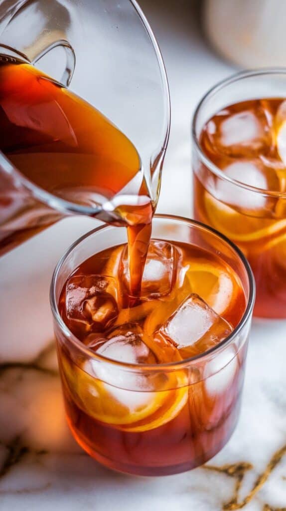 deep golden citrus bourbon punch being poured from a pitcher into glasses filled with clear ice cubes, liquid forming swirls around the ice
