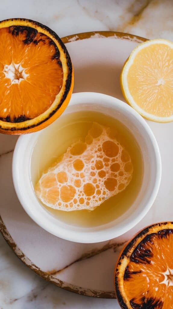 squeezed orange halves and lemon halves, with fresh juice pooling in a white bowl, visible char marks on oranges, and one squeezed lemon half resting beside the bowl