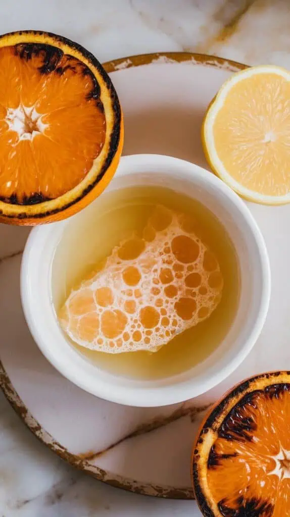 squeezed orange halves and lemon halves, with fresh juice pooling in a white bowl, visible char marks on oranges, and one squeezed lemon half resting beside the bowl