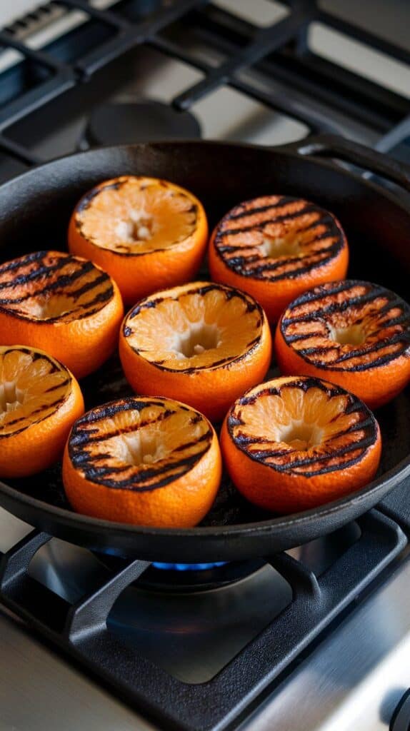 halved oranges with dark caramelized grill marks, sizzling in a dry cast iron skillet, with charred edges and juicy centers, on a modern stainless steel gas stove
