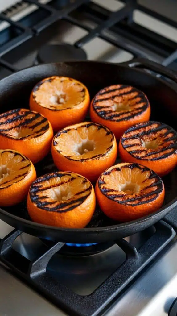 halved oranges with dark caramelized grill marks, sizzling in a dry cast iron skillet, with charred edges and juicy centers, on a modern stainless steel gas stove
